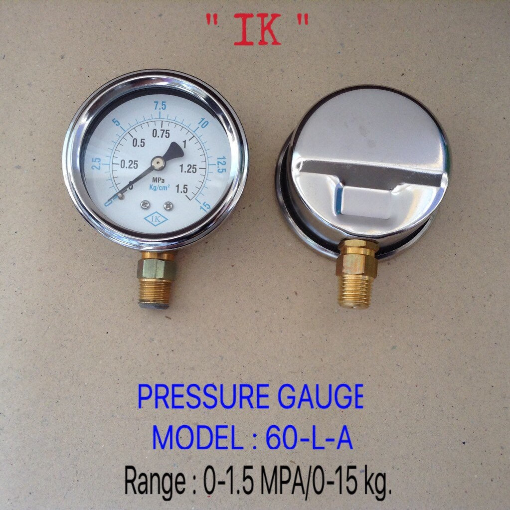 IK Pressure Gauges "IK" 2.5นิ้ว 0-1.5 MPA/0-15KG ออกล่าง 1/4" ทองเหลือง NPT