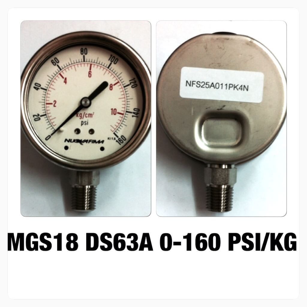 NUOVA FIMA Pressure Gauges 2.5 นิ้ว 0-10 KG (160PSI) ออกล่าง เกลียว 1/4" NPT สแตนเลส