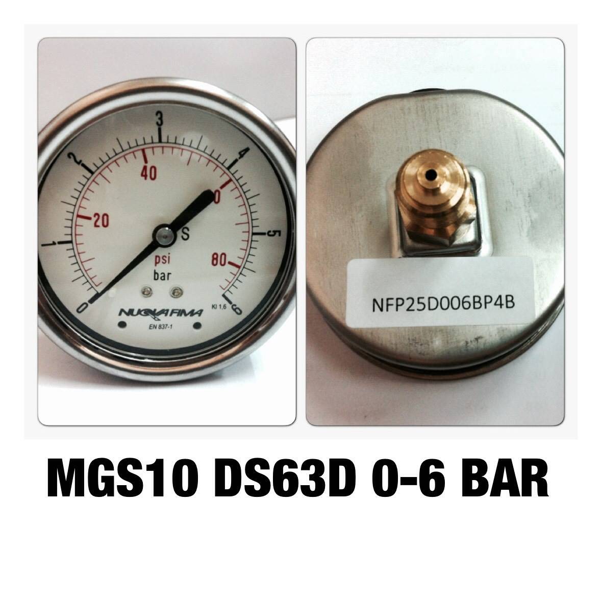 NUOVA FIMA Pressure Gauges 2.5 นิ้ว 0-6BAR (80PSI) ออกหลัง เกลียว 1/4" BSP ทองเหลือง