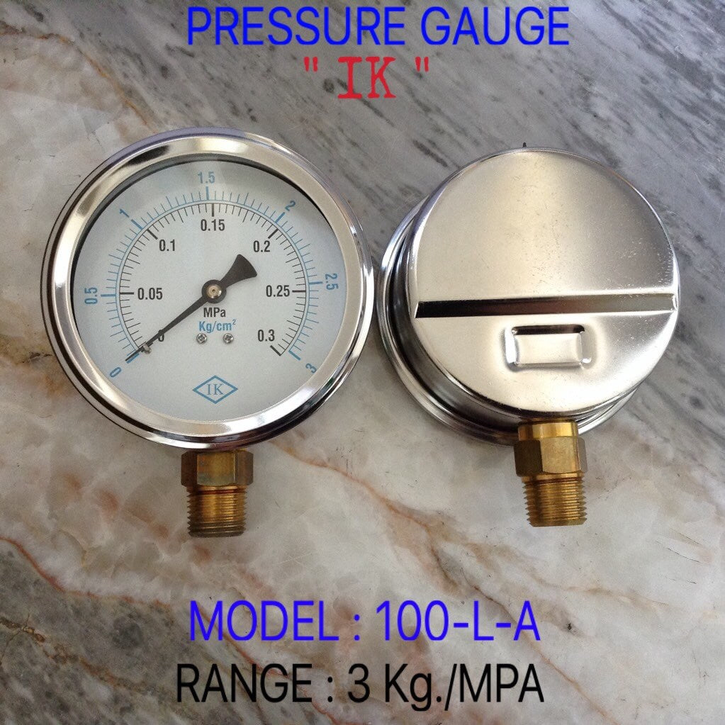 IK Pressure Gauges "IK" 4 นิ้ว 0-0.3MPA/0-3KG ออกล่าง 1/2" ทองเหลือง NPT