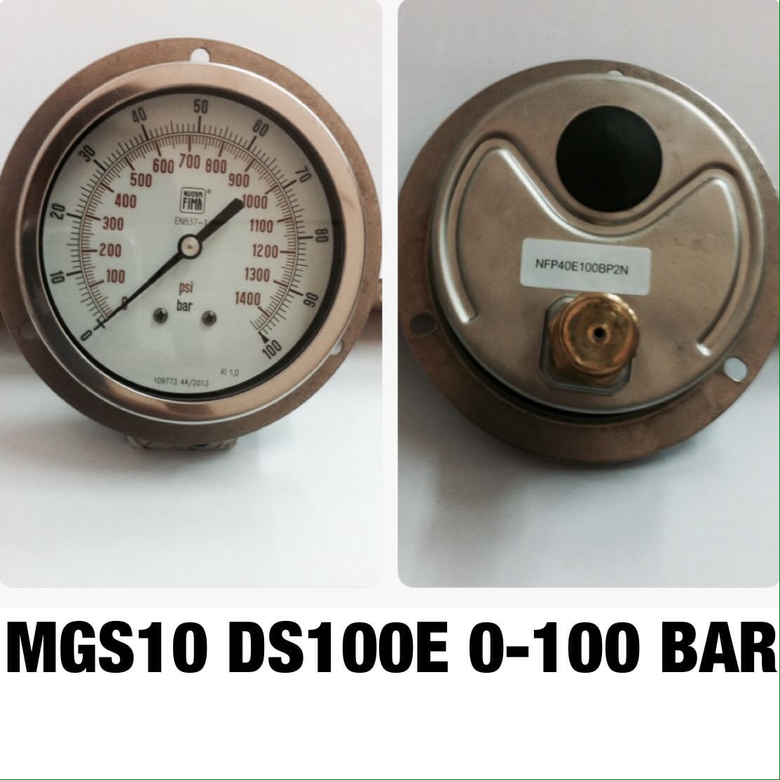NUOVA FIMA Pressure Gauges 4 นิ้ว 0-100BAR (1400PSI) ออกหลังหน้าแปลน เกลียว 1/2" NPT ทองเหลือง