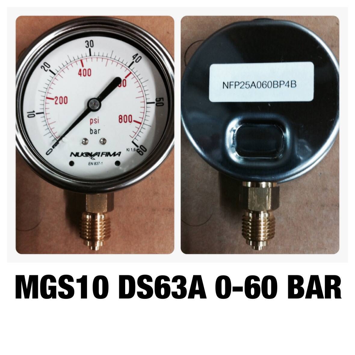 NUOVA FIMA Pressure Gauges 2.5 นิ้ว 0-60 BAR (870PSI) ออกล่าง เกลียว 1/4" BSP ทองเหลือง