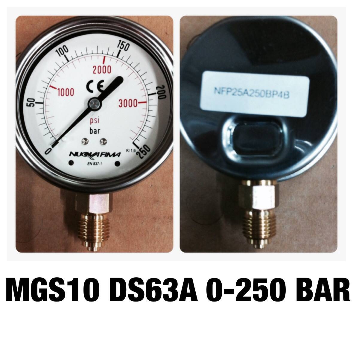 NUOVA FIMA Pressure Gauges 2.5 นิ้ว 0-250 BAR (3625PSI) ออกล่าง เกลียว 1/4" BSP ทองเหลือง