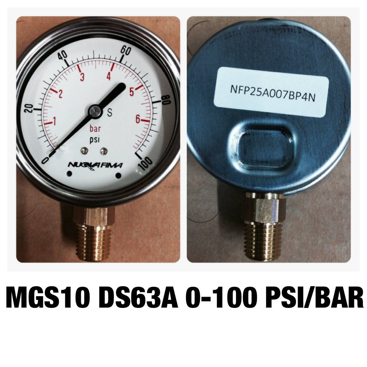 NUOVA FIMA Pressure Gauges 2.5 นิ้ว 0-6 BAR (100PSI) ออกล่าง เกลียว 1/4" NPT ทองเหลือง