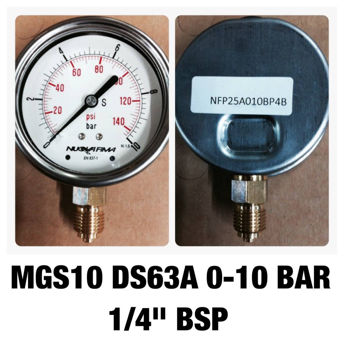 NUOVA FIMA Pressure Gauges 2.5 นิ้ว 0-10 BAR (140PSI) ออกล่าง เกลียว 1/4" BSP ทองเหลือง