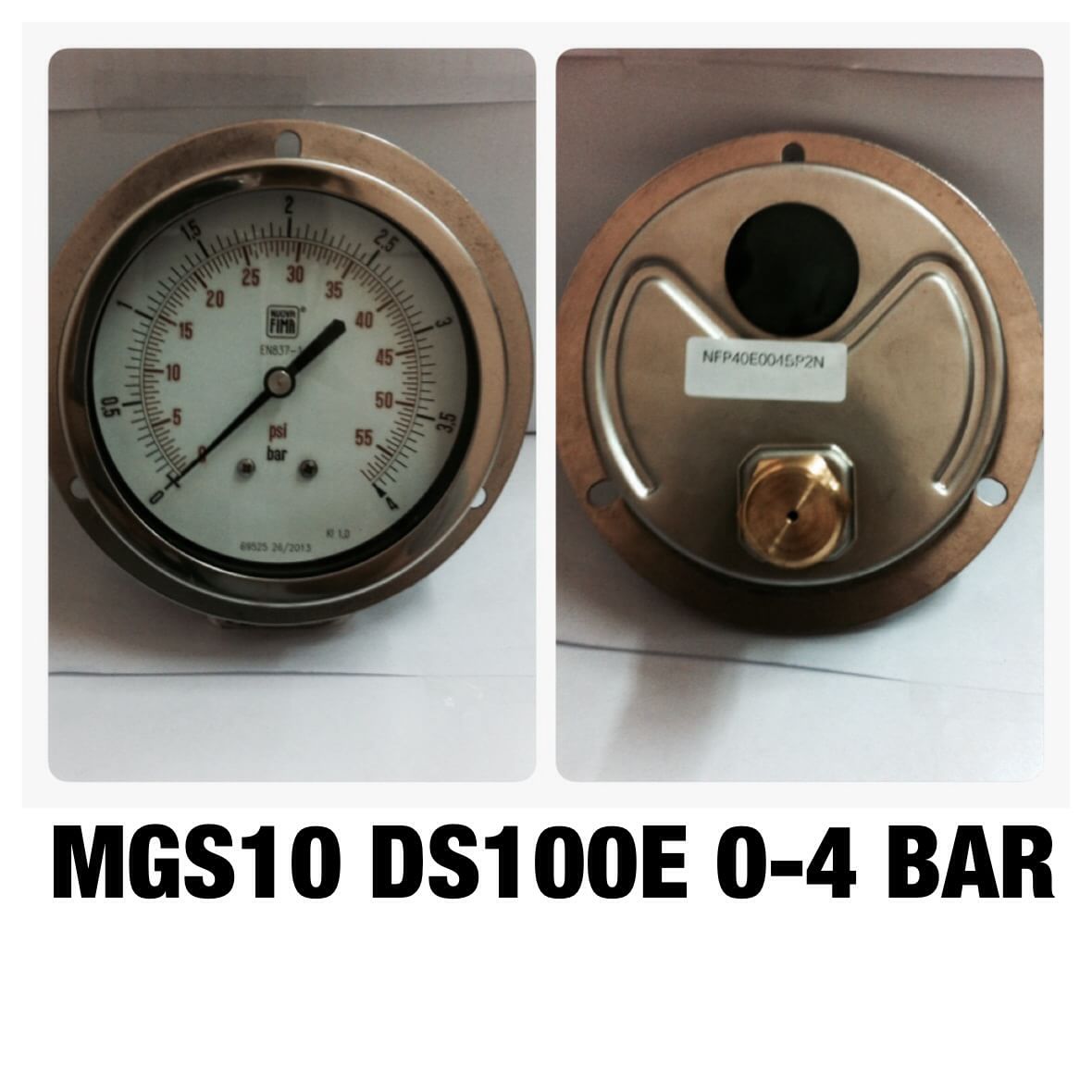 NUOVA FIMA Pressure Gauges 4 นิ้ว 0-4BAR (55PSI) ออกหลังหน้าแปลน เกลียว 1/2" NPT ทองเหลือง