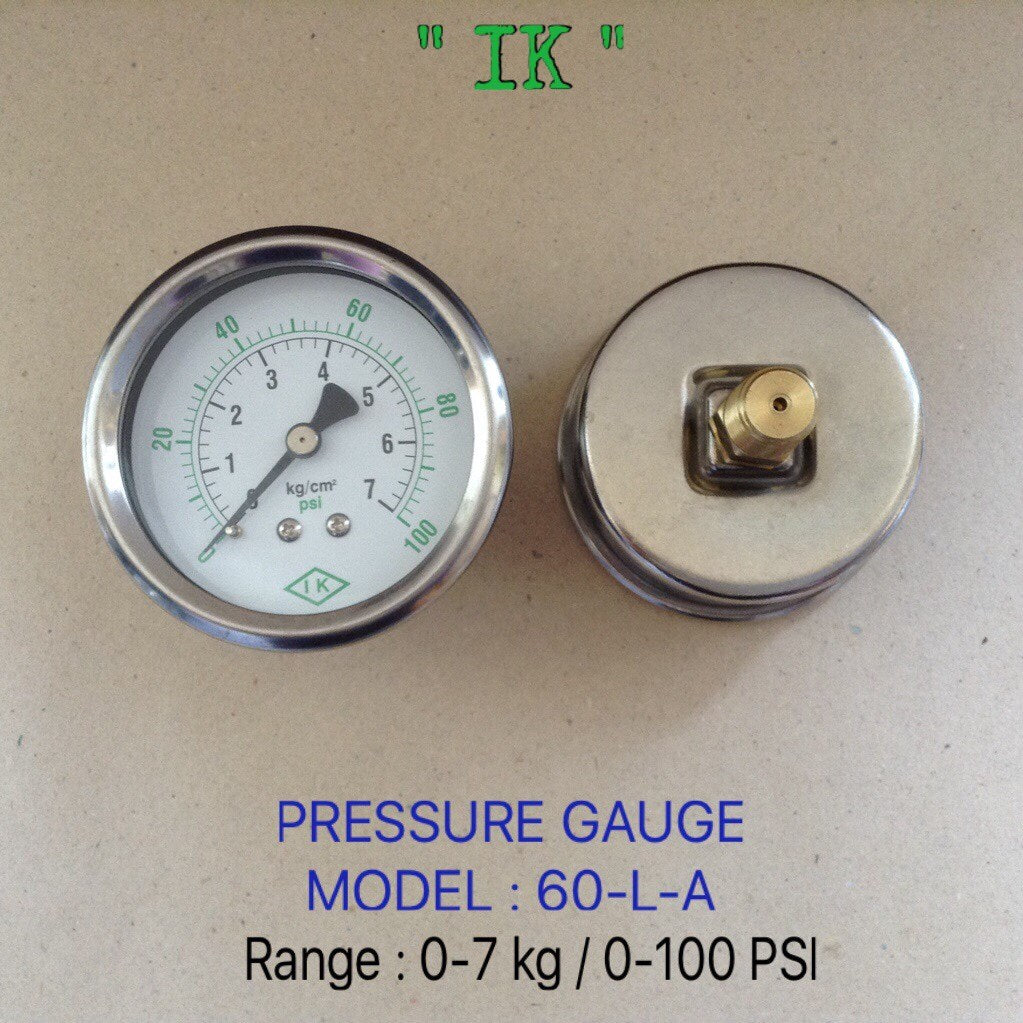 IK Pressure Gauges 0-7 KG (100PSI) ออกหลัง เกลียว 1/4" NPT ทองเหลือง