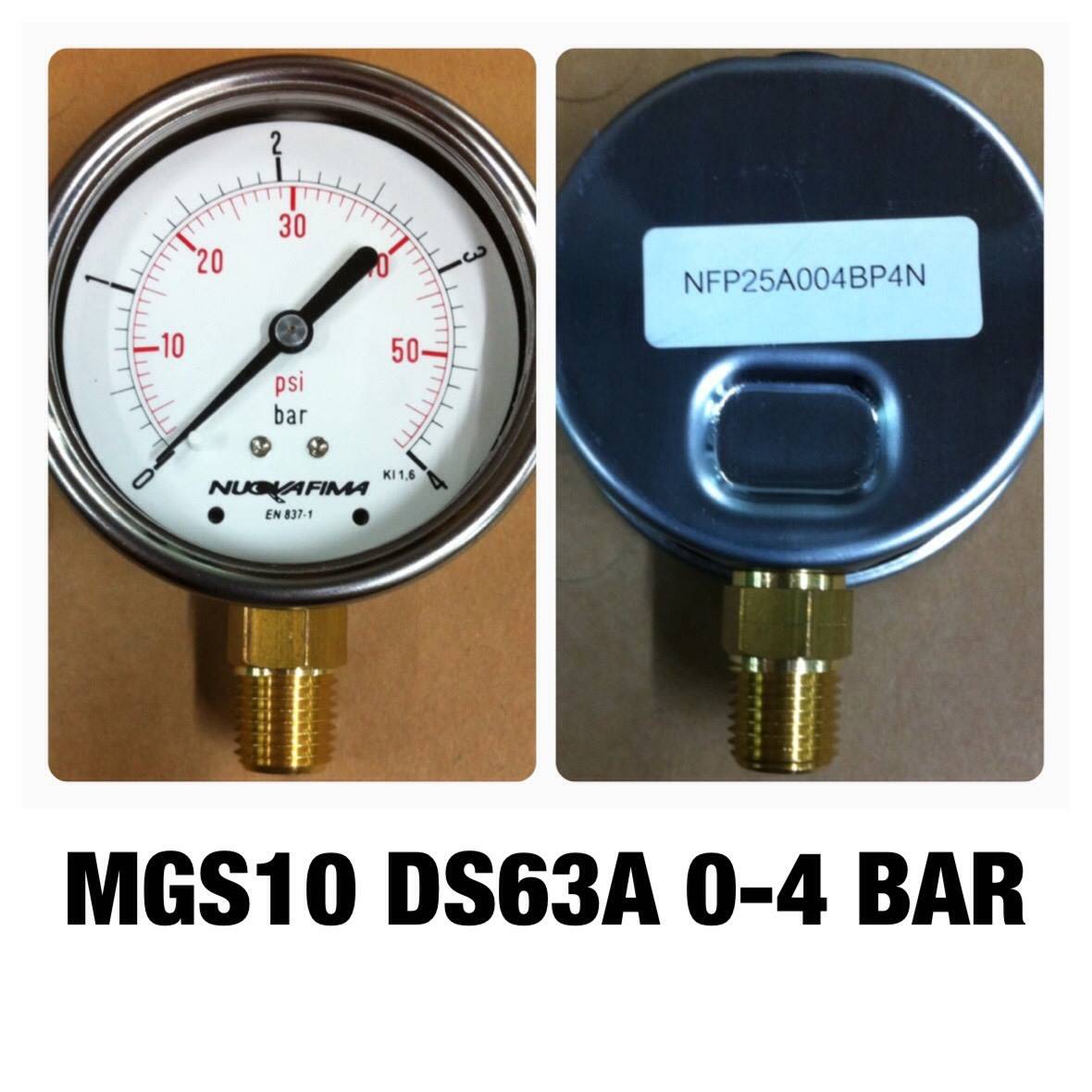 NUOVA FIMA Pressure Gauges 2.5 นิ้ว 0-4 BAR (58PSI) ออกล่าง เกลียว 1/4" NPT ทองเหลือง