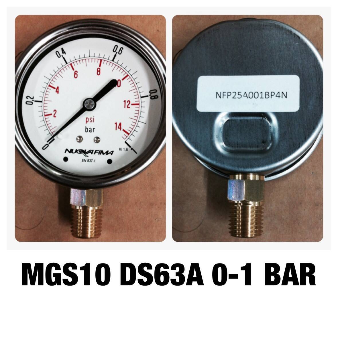 NUOVA FIMA Pressure Gauges 2.5 นิ้ว 0-1 BAR (14.5PSI) ออกล่าง เกลียว 1/4" NPT ทองเหลือง