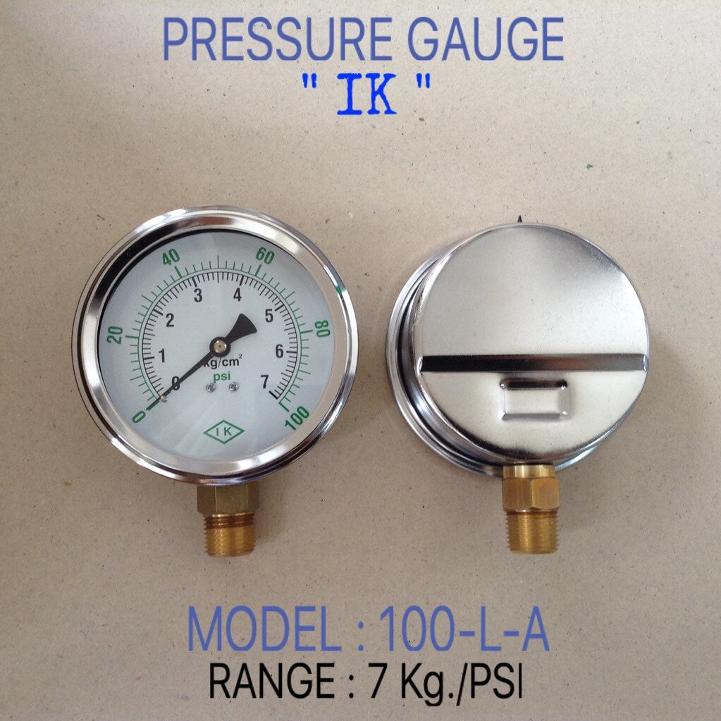 IK Pressure Gauges "IK" 4 นิ้ว 0-7KG/0-100PSI ออกล่าง 1/2" ทองเหลือง NPT