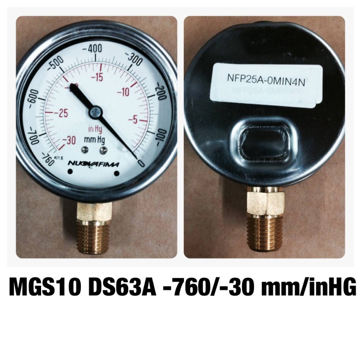 NUOVA FIMA Pressure Gauges 2.5 นิ้ว -760 MMHg (-30 INHg) ออกล่าง เกลียว 1/4" NPT ทองเหลือง