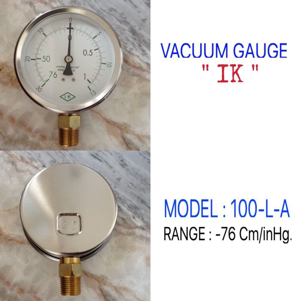 IK Pressure Gauges "IK" VACUUM GAUGE 4 นิ้ว -76CMHG/INHG ออกล่าง 1/2" ทองเหลือง NPT