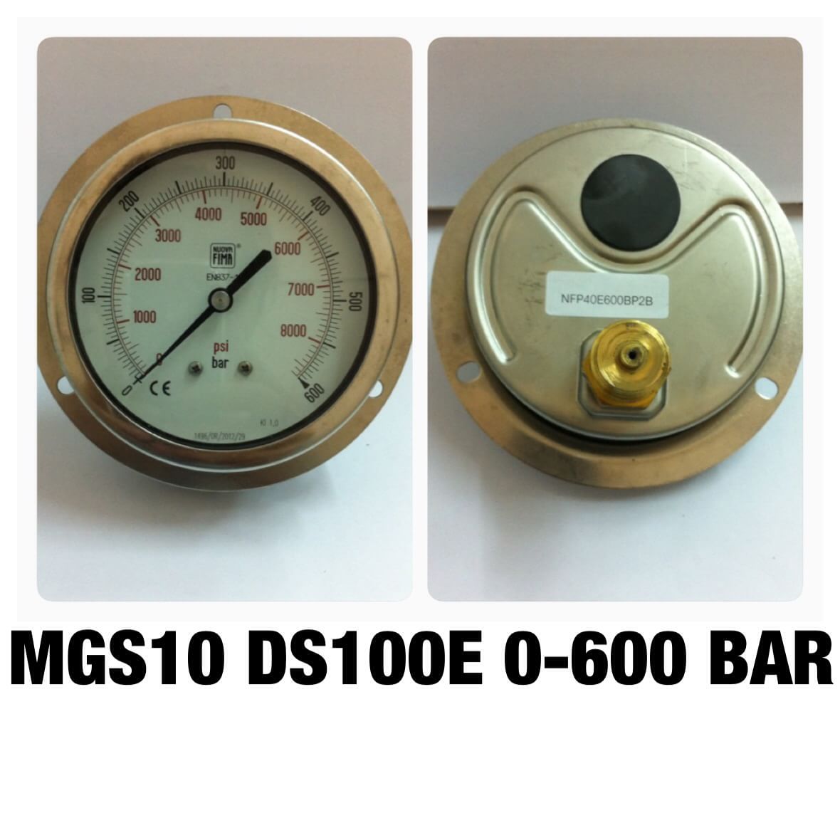 NUOVA FIMA Pressure Gauges 4 นิ้ว 0-600BAR (8000PSI) ออกหลังหน้าแปลน เกลียว 1/2" BSP ทองเหลือง