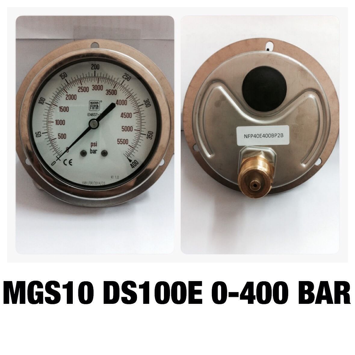 NUOVA FIMA Pressure Gauges 4 นิ้ว 0-400BAR (5800PSI) ออกหลังหน้าแปลน เกลียว 1/2" NPT ทองเหลือง