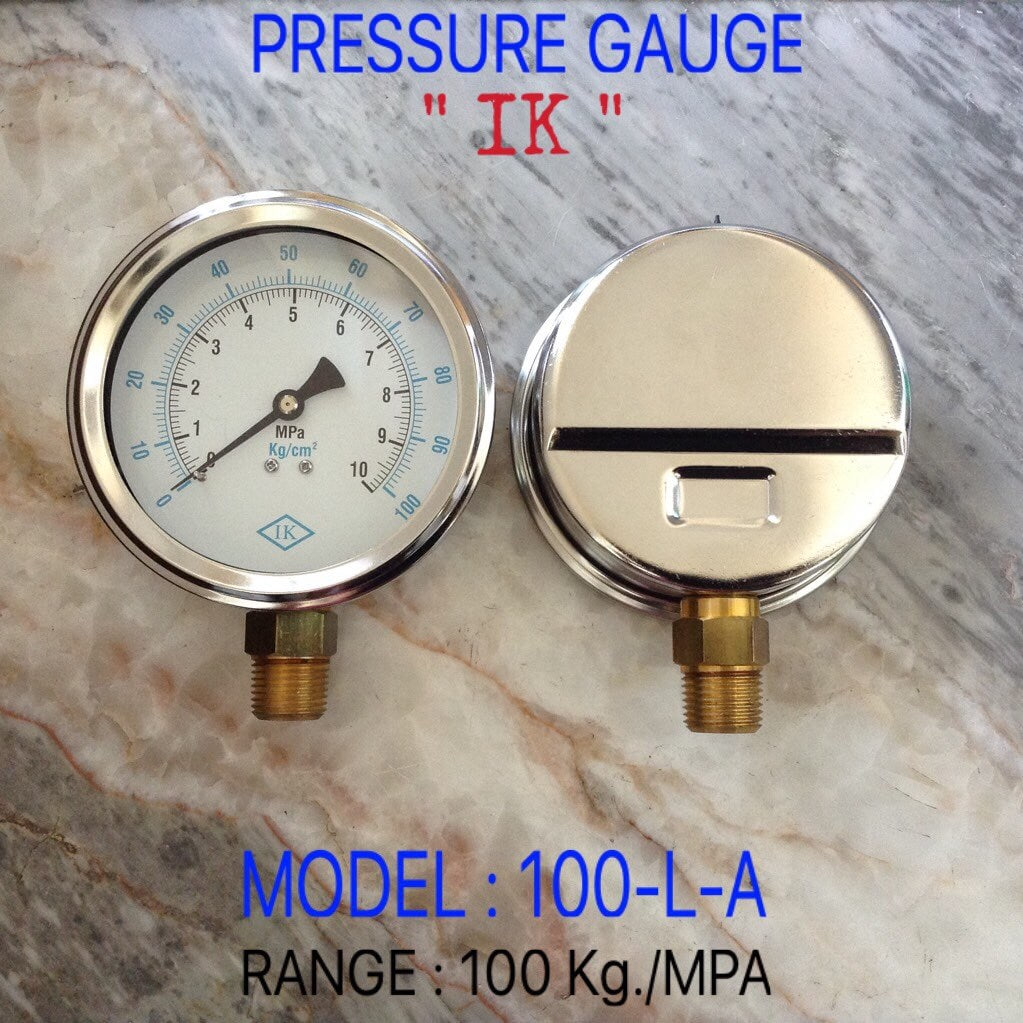 IK Pressure Gauges "IK" 4 นิ้ว 0-10MPA /0-100KG ออกล่าง 1/2" ทองเหลือง NPT