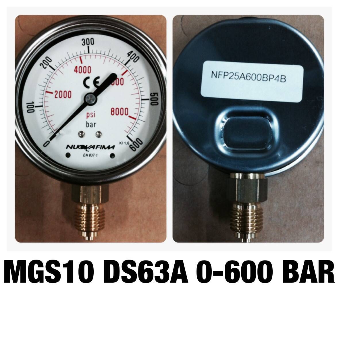 NUOVA FIMA Pressure Gauges 2.5 นิ้ว 0-600 BAR (8700PSI) ออกล่าง เกลียว 1/4" BSP ทองเหลือง