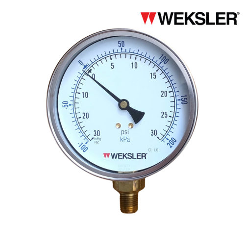 WEKSLER Pressure gauge รุ่น BY14 หน้าปัด 4” เกลียวทองเหลืองออกล่าง 1/4” สามารถเติมน้ำมันกลีเซอรีนได้