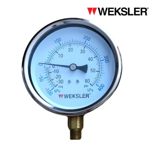 WEKSLER Pressure gauge รุ่น BY14 หน้าปัด 4” เกลียวทองเหลืองออกล่าง 1/4” สามารถเติมน้ำมันกลีเซอรีนได้