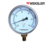 WEKSLER Pressure gauge รุ่น BY14 หน้าปัด 4” เกลียวทองเหลืองออกล่าง 1/4” สามารถเติมน้ำมันกลีเซอรีนได้