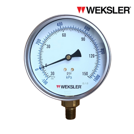 WEKSLER Pressure gauge รุ่น BY14 หน้าปัด 4” เกลียวทองเหลืองออกล่าง 1/4” สามารถเติมน้ำมันกลีเซอรีนได้