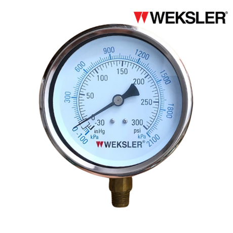 WEKSLER Pressure gauge รุ่น BY14 หน้าปัด 4” เกลียวทองเหลืองออกล่าง 1/4” สามารถเติมน้ำมันกลีเซอรีนได้