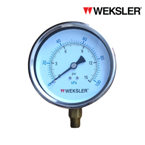 WEKSLER Pressure gauge รุ่น BY14 หน้าปัด 4” เกลียวทองเหลืองออกล่าง 1/4” สามารถเติมน้ำมันกลีเซอรีนได้