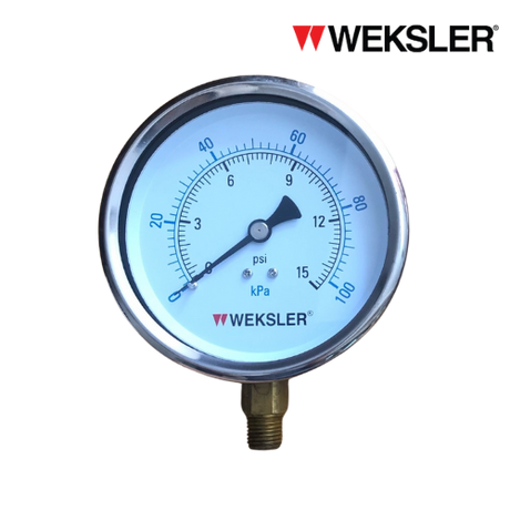 WEKSLER Pressure gauge รุ่น BY14 หน้าปัด 4” เกลียวทองเหลืองออกล่าง 1/4” สามารถเติมน้ำมันกลีเซอรีนได้