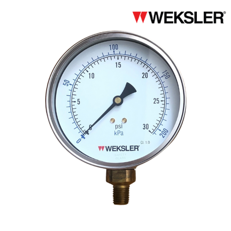 WEKSLER Pressure gauge รุ่น BY14 หน้าปัด 4” เกลียวทองเหลืองออกล่าง 1/4” สามารถเติมน้ำมันกลีเซอรีนได้