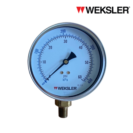 WEKSLER Pressure gauge รุ่น BY14 หน้าปัด 4” เกลียวทองเหลืองออกล่าง 1/4” สามารถเติมน้ำมันกลีเซอรีนได้