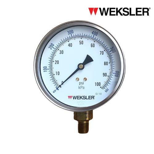 WEKSLER Pressure gauge รุ่น BY14 หน้าปัด 4” เกลียวทองเหลืองออกล่าง 1/4” สามารถเติมน้ำมันกลีเซอรีนได้