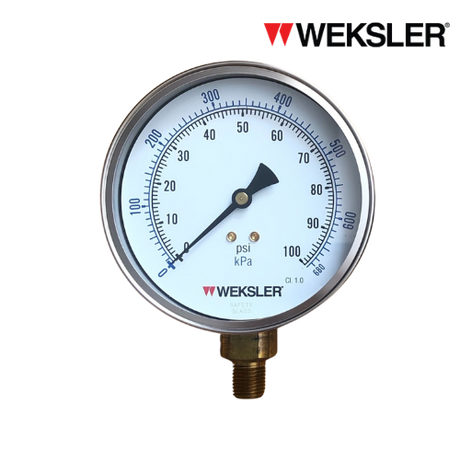 WEKSLER Pressure gauge รุ่น BY14 หน้าปัด 4” เกลียวทองเหลืองออกล่าง 1/4” สามารถเติมน้ำมันกลีเซอรีนได้