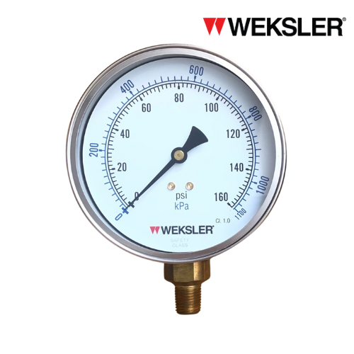 WEKSLER Pressure gauge รุ่น BY14 หน้าปัด 4” เกลียวทองเหลืองออกล่าง 1/4” สามารถเติมน้ำมันกลีเซอรีนได้