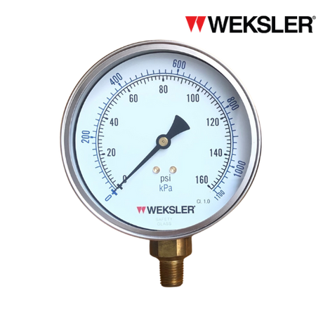 WEKSLER Pressure gauge รุ่น BY14 หน้าปัด 4” เกลียวทองเหลืองออกล่าง 1/4” สามารถเติมน้ำมันกลีเซอรีนได้