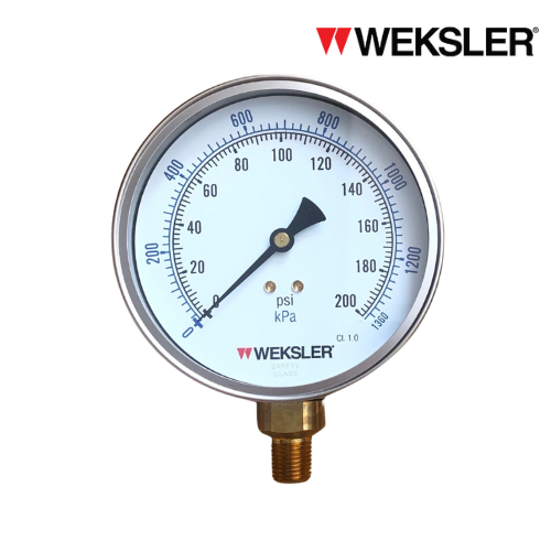 WEKSLER Pressure gauge รุ่น BY14 หน้าปัด 4” เกลียวทองเหลืองออกล่าง 1/4” สามารถเติมน้ำมันกลีเซอรีนได้