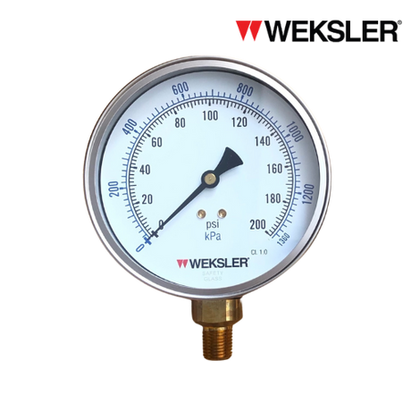 WEKSLER Pressure gauge รุ่น BY14 หน้าปัด 4” เกลียวทองเหลืองออกล่าง 1/4” สามารถเติมน้ำมันกลีเซอรีนได้