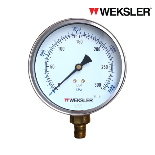 WEKSLER Pressure gauge รุ่น BY14 หน้าปัด 4” เกลียวทองเหลืองออกล่าง 1/4” สามารถเติมน้ำมันกลีเซอรีนได้