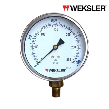 WEKSLER Pressure gauge รุ่น BY14 หน้าปัด 4” เกลียวทองเหลืองออกล่าง 1/4” สามารถเติมน้ำมันกลีเซอรีนได้