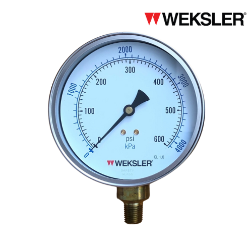 WEKSLER Pressure gauge รุ่น BY14 หน้าปัด 4” เกลียวทองเหลืองออกล่าง 1/4” สามารถเติมน้ำมันกลีเซอรีนได้