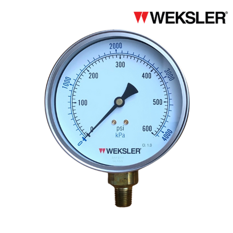 WEKSLER Pressure gauge รุ่น BY14 หน้าปัด 4” เกลียวทองเหลืองออกล่าง 1/4” สามารถเติมน้ำมันกลีเซอรีนได้