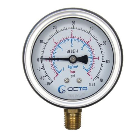 OCTA เกจวัดแรงดัน Pressure Gauge หน้าปัดขนาด 2.5″ เกลียวทองเหลืองออกล่างขนาด 1/4" NPT เกจแรงดัน OCTA GB63