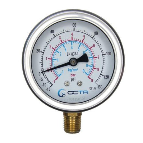 OCTA เกจวัดแรงดัน Pressure Gauge หน้าปัดขนาด 2.5″ เกลียวทองเหลืองออกล่างขนาด 1/4" NPT เกจแรงดัน OCTA GB63