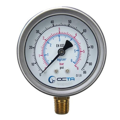 OCTA เกจวัดแรงดัน Pressure Gauge หน้าปัดขนาด 2.5″ เกลียวทองเหลืองออกล่างขนาด 1/4" NPT เกจแรงดัน OCTA GB63