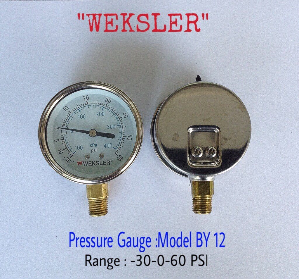 WEKSLER Pressure Gauges "WEKSLER" 2.5 นิ้ว -100-400KPA/-30-60PSI ออกล่าง 1/4" ทองเหลือง NPT