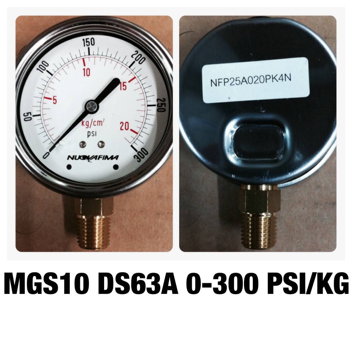 NUOVA FIMA Pressure Gauges 2.5 นิ้ว 0-20 KG (300PSI) ออกล่าง เกลียว 1/4" NPT ทองเหลือง