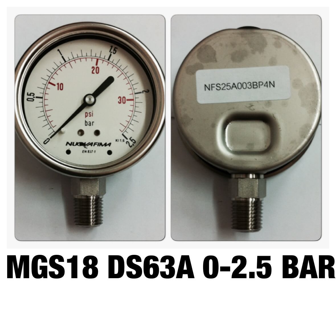 NUOVA FIMA Pressure Gauges 2.5 นิ้ว 0-2.5 BAR (30PSI) ออกล่าง เกลียว 1/4" NPT สแตนเลส