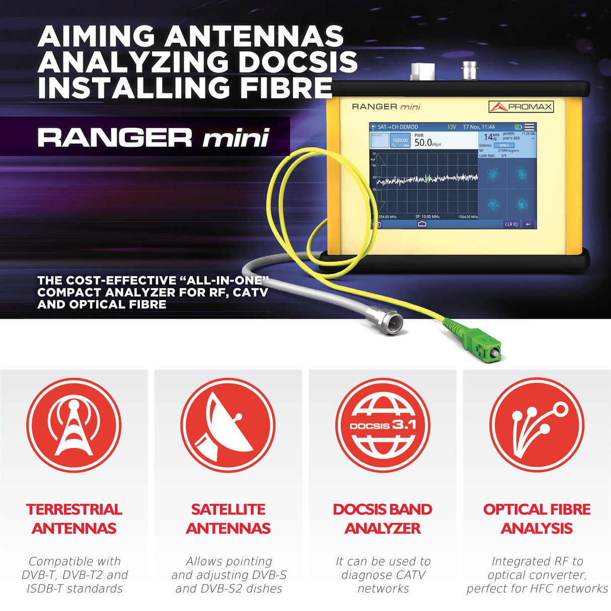 Promax RANGER mini: เครื่องวัดสัญญาณเคเบิลทีวี ทีวีดาวเทียมและเคเบิล Internet Docsis