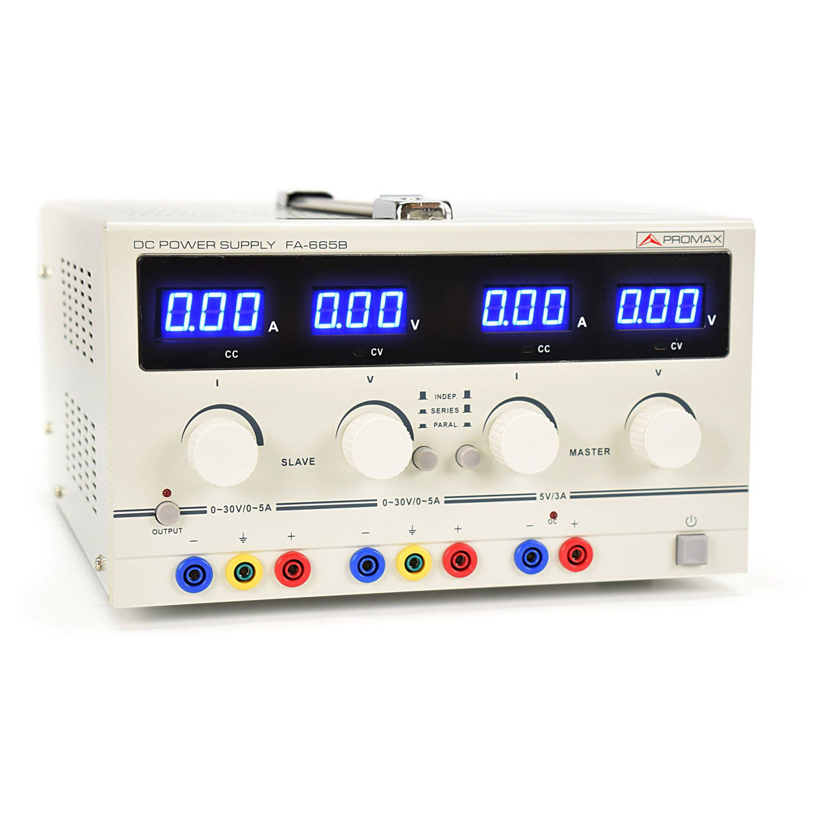 Promax FA-665B: Dual DC power supply 2x30V, 5A (aux 5V, 3A)