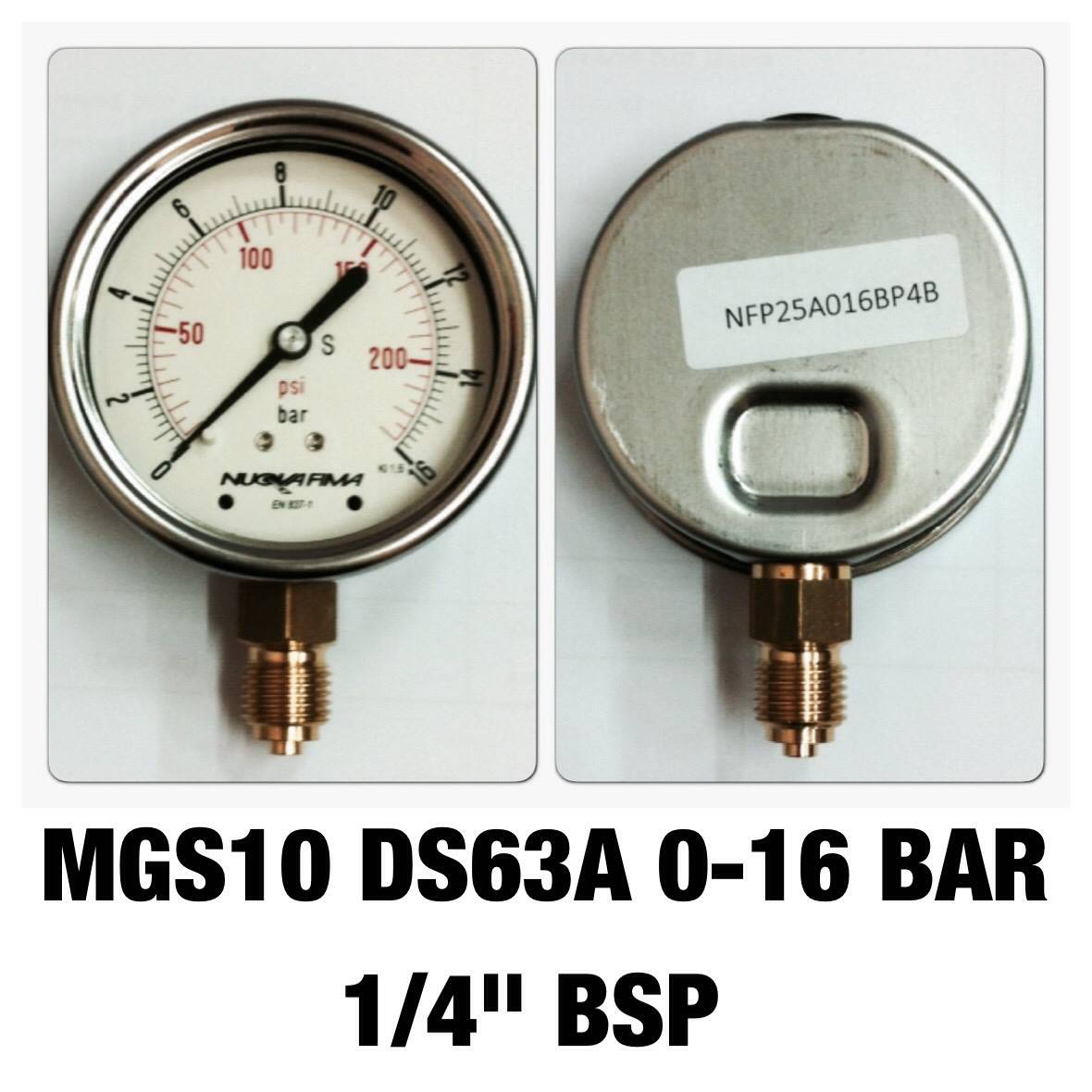 NUOVA FIMA Pressure Gauges 2.5 นิ้ว 0-16 BAR (200PSI) ออกล่าง เกลียว 1/4" BSP ทองเหลือง