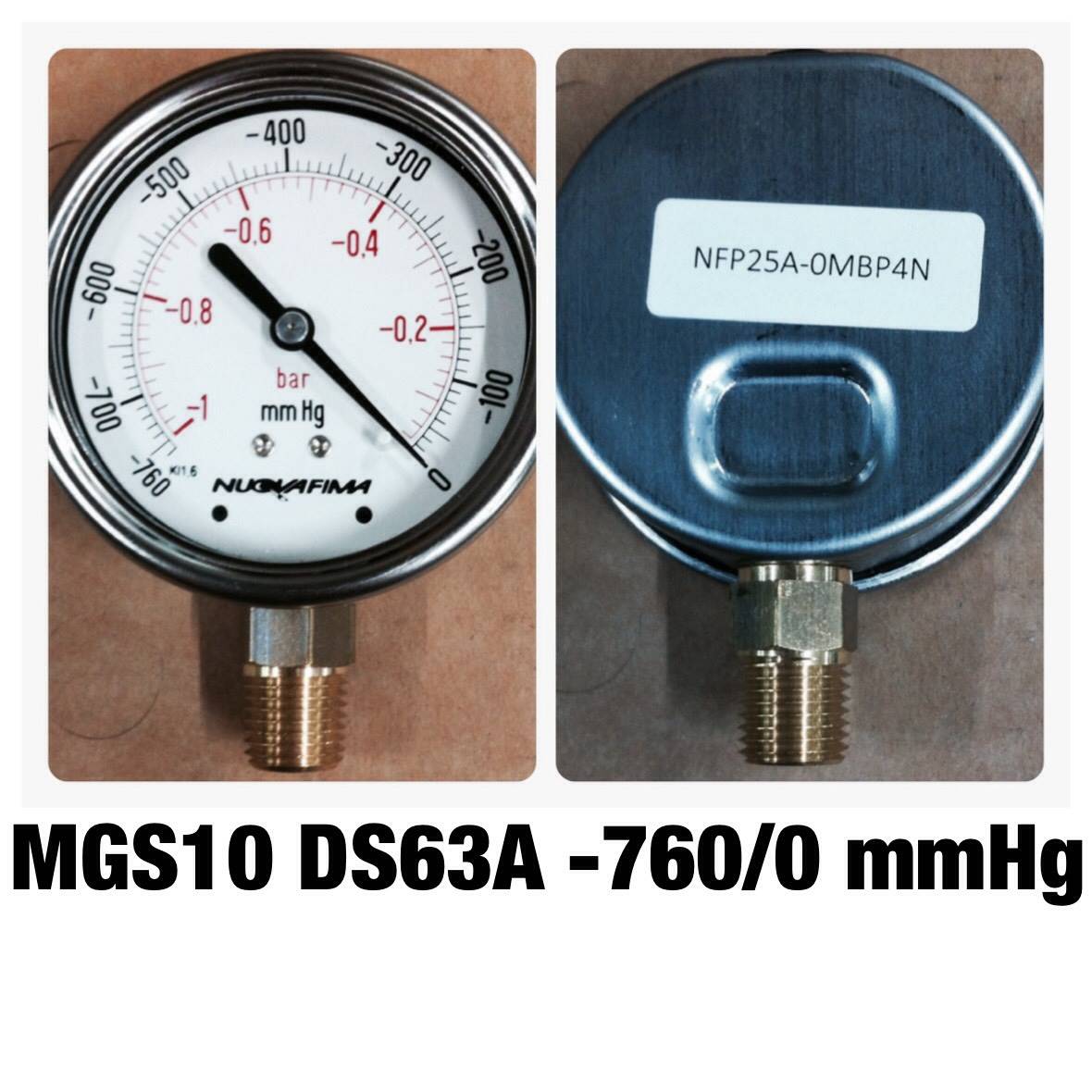 NUOVA FIMA Pressure Gauges 2.5 นิ้ว -760 MMHg (-1 BAR) ออกล่าง เกลียว 1/4" NPT ทองเหลือง