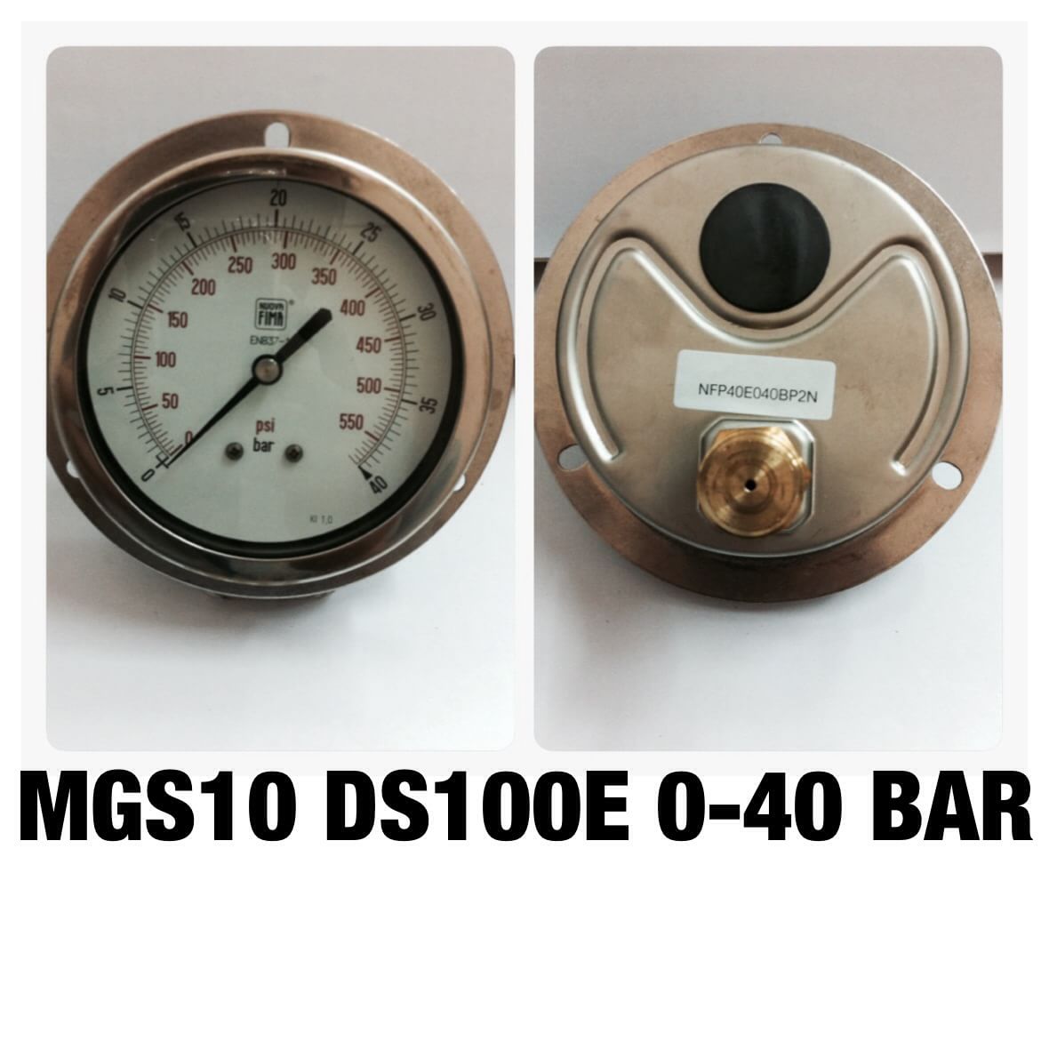 NUOVA FIMA Pressure Gauges 4 นิ้ว 0-40BAR (580PSI) ออกหลังหน้าแปลน เกลียว 1/2" NPT ทองเหลือง